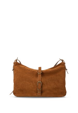 Brown suede shoulder bag with adjustable buckle strap and central decorative strap with metal rings on a white background.