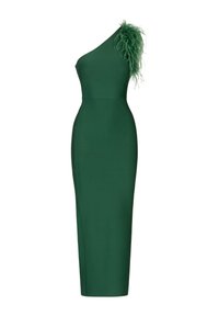 Groene aansluitende jurk met een één-schouderontwerp, die een textuuraccent van veren op de schouder heeft en is gemaakt van een sleek, gladde stof.
