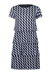 Marineblaues und weißes Wellenmuster-Kleid mit kurzen Ärmeln, schichtweisem Design und Rundhalsausschnitt. Hergestellt aus leichtem, glattem Stoff.