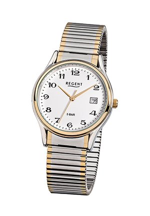 Classic wristwatch with white dial, black numerals, gold accents, date window at 3 o'clock, and two-tone silver and gold expandable metal band.