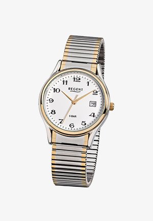 Classic wristwatch with white dial, black numerals, gold accents, date window at 3 o'clock, and two-tone silver and gold expandable metal band.