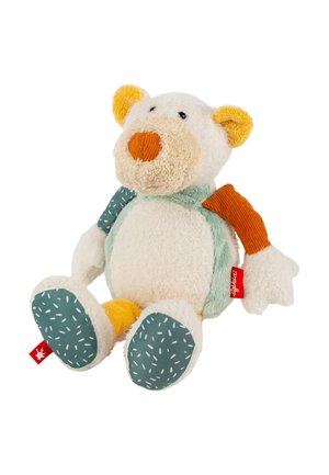 Stuffed bear toy with a fluffy white body, green accent, orange nose, and colorful textured limbs. Patterned soles and a red tag.