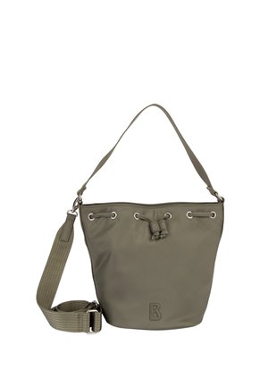 Olivengrøn spandtaske med justerbar skulderrem, snøre-lukning med knuder og præget "B" logo foran.