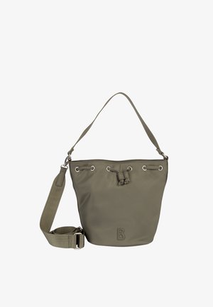 Borsa a secchiello verde oliva con tracolla regolabile, chiusura a coulisse con nodi e logo "B" in rilievo sul davanti.