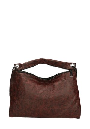 Borsa a tracolla in pelle sintetica marrone con parte superiore curvata, chiusura con zip e manico accentuato. Caratterizzata da una texture liscia con un leggero lucido.