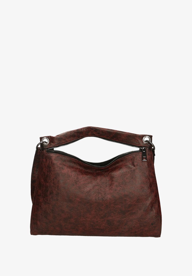 Sac à main en cuir synthétique brun avec un haut courbé, une fermeture éclair et une poignée accentuée. Présente une texture lisse avec un léger éclat.