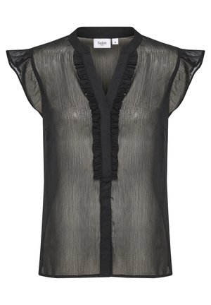 Blouse noire transparente sans manches avec bordure volantée au col en V et manches évasées, taille moyenne de la marque Saint.