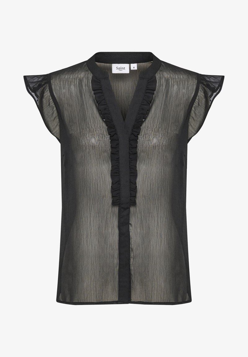 Blouse noire transparente sans manches avec bordure volantée au col en V et manches évasées, taille moyenne de la marque Saint.