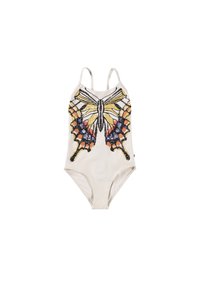 Λευκό ολόσωμο μαγιό με λεπτές τιράντες, διακοσμημένο με έναν μεγάλο πολυχρωμο σχεδιασμό πεταλούδας με στρας στο μπροστινό μέρος.