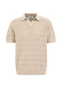 Beige knitted polo shirt features a hexagonal pattern, short sleeves, flat collar, and ribbed accents at the hem and sleeves.