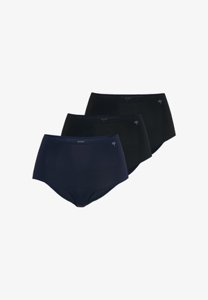 Kolmet naisten korkeavyötäröiset alushousut tummansinisinä ja mustina, jokaisessa vasemmassa lonkassa pieni kukallinen logo.