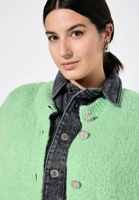 Mintgrön stickad cardigan med rund halsringning och tre dekorativa silverknappar, lager på lager över en mörk denimskjorta med synliga knappar.