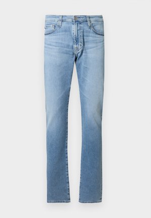 Světle modré džíny ze džínoviny s rovnými nohavicemi, pětikapsovým designem a zapínáním na knoflík v pase. Hladká textura s mírným vyblednutím.