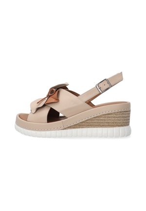 Beige leather wedge sandals featuring a bow detail, open toe design, and a textured cork-like wedge, with a white rubber sole.