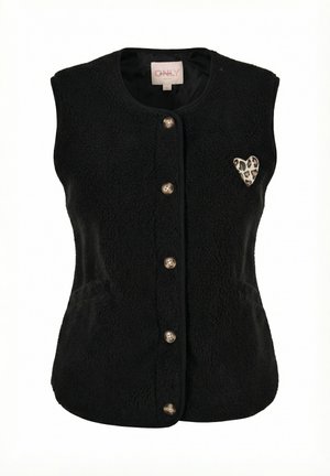 Chaleco negro sin mangas de forro polar con botones frontales y pequeño corazón con estampado de leopardo en el lado izquierdo del pecho, talla grande.