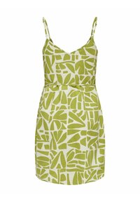 Robe verte à motifs, en tissu léger, avec bretelles spaghetti et taille cintrée. Le design comprend des formes abstraites sur un fond clair.