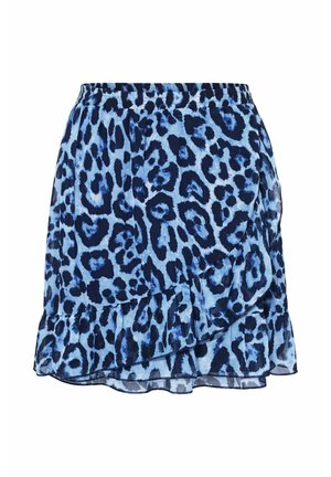 Minigonna con stampa leopardata blu e nera, orlo arricciato e vita elastica.