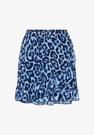 Blauer und schwarzer Leopardenmuster-Minirock mit gerafftem Saum und elastischem Bund.