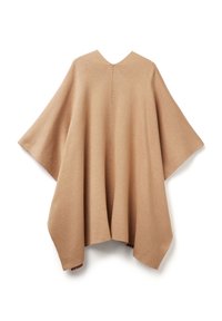 Hnědý pončo s širokým a volným designem, vysokým výstřihem a švovými detaily, vyrobené z měkké, texturované látky. Bez zapínání či vzorů.