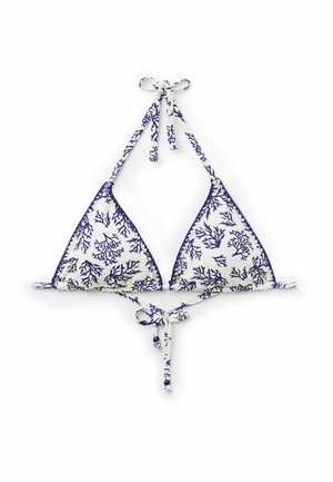 Bikini-Oberteil aus weißem Stoff mit einem dunkelblauen Korallenmuster, dreieckiger Form, verstellbaren Bindebändern und gewellten Kanten.