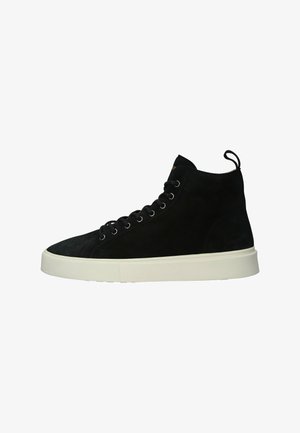 Black high-top sneakers made of suede, featuring a white rubber sole, lace-up front, and a small heel loop at the back.