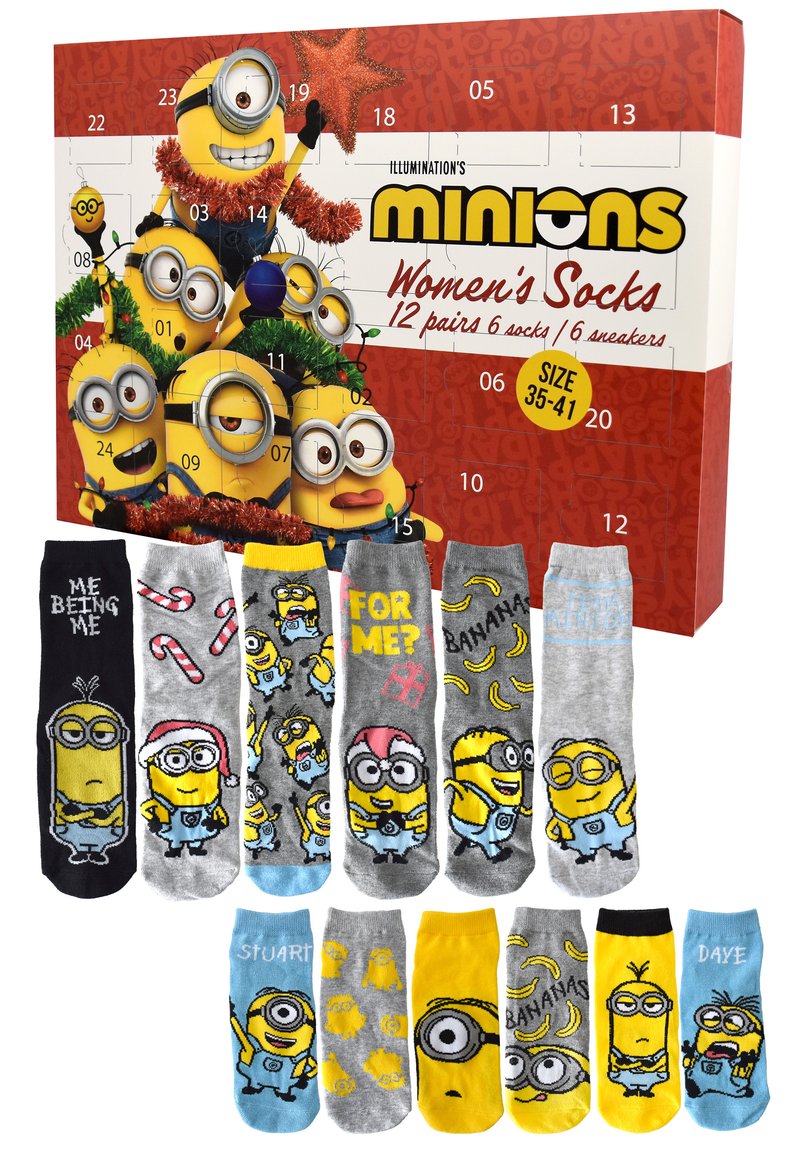 Set di calze da donna a tema Minions con 12 paia in vari colori, caratterizzato da motivi giocosi e personaggi. Taglie 35-41. Tessuto morbido.