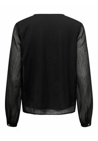 Blouse noire avec un dos uni et des longues manches plissées translucides. Les manches sont légèrement transparentes avec des poignets boutonnés.