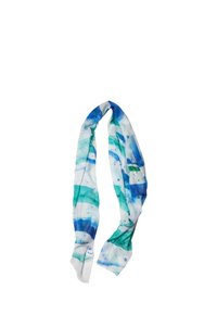 Lightweight scarf featuring blue and green watercolor patterns, with a smooth texture and elongated shape. Edges are softly rounded.