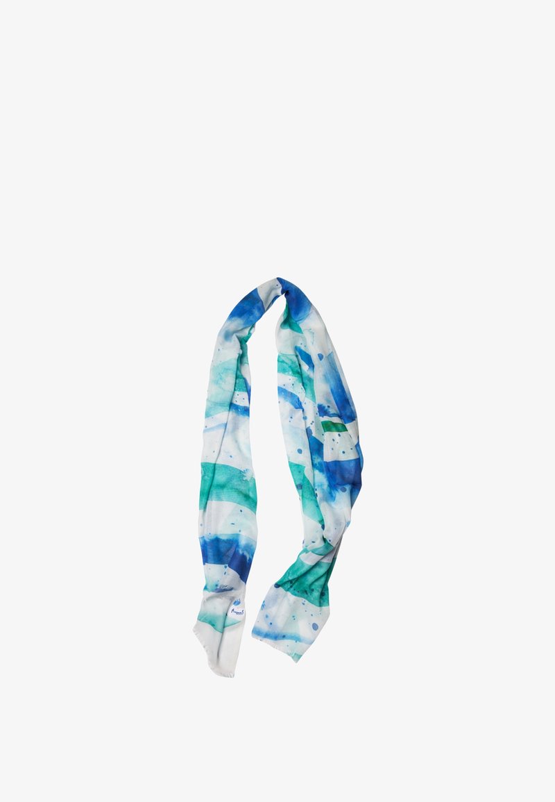 Lightweight scarf featuring blue and green watercolor patterns, with a smooth texture and elongated shape. Edges are softly rounded.