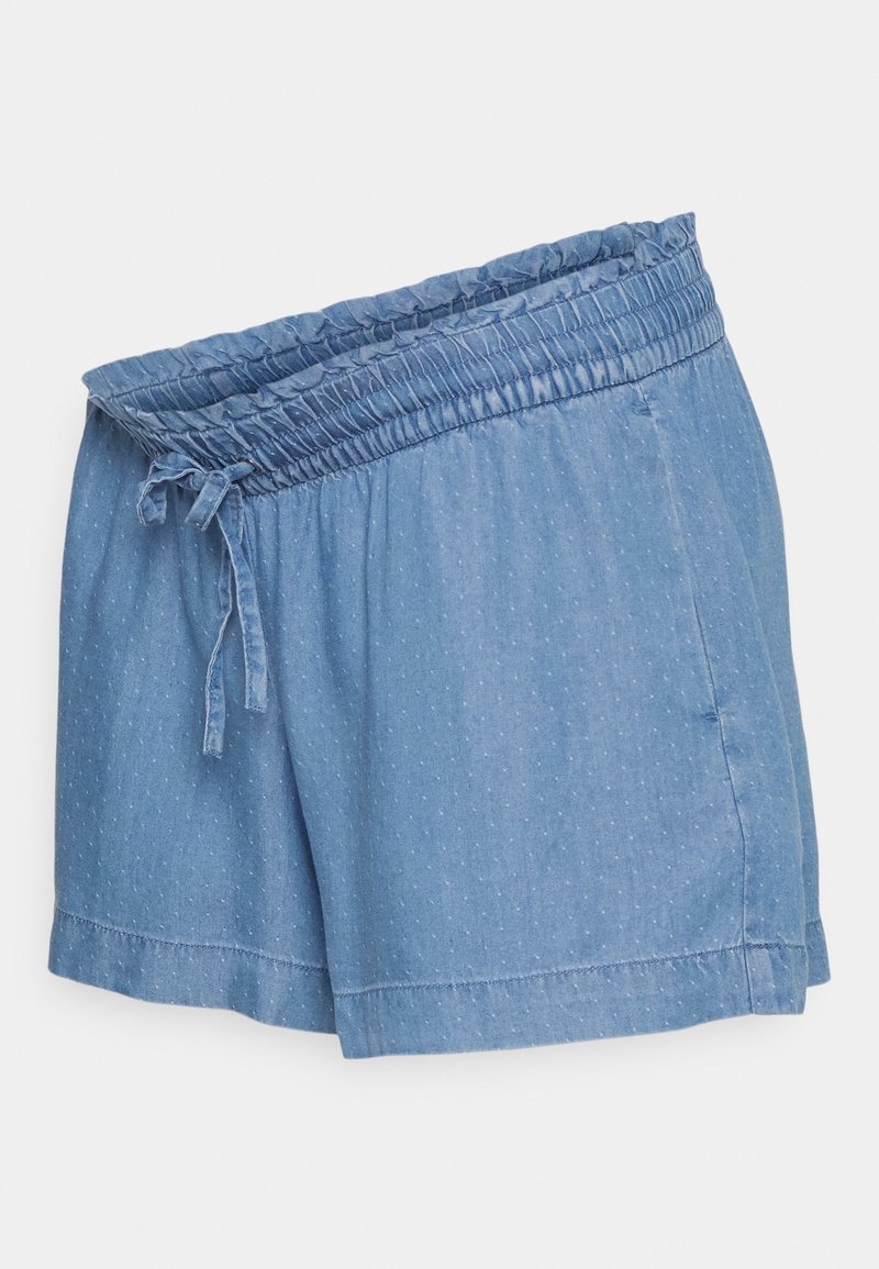 Pantaloni corti in chambray azzurro chiaro con vita elastica, cordino e piccoli pois testurizzati. Presentano una vestibilità comoda e tasche laterali.