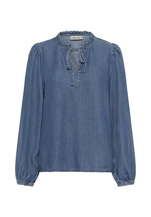 Bluză din denim albastru cu mâneci lungi bufante, decolteu cu volane, detaliu cu fundă în față și manșete elastice pentru un fit relaxat.