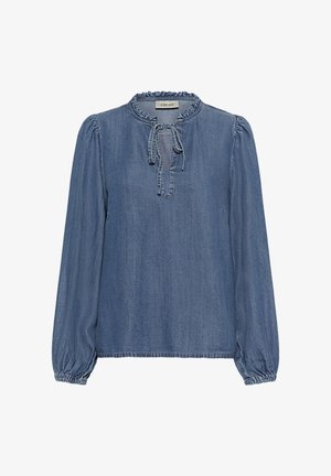 Sinine teksariidest pluus pikkade mullvarrukatega, volangiline kaelus, ees lipsusdetail ja elastsed mansetid mugavaks istuvuseks.