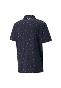 Marinblå polo-shirt med krage, prydd med ett småskaligt mönster av ljusgråa paraplyer. Kort ärm, lättviktig tyg och rak nederkant.