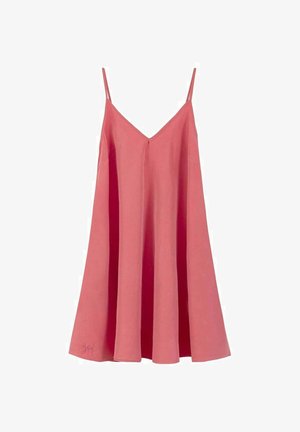 Różowa sukienka bez rękawów z dekoltem w kształcie litery V i luźnym krojem, wykonana z lekkiej tkaniny. Charakteryzuje się subtelnym przeszyciem i płynną sylwetką.