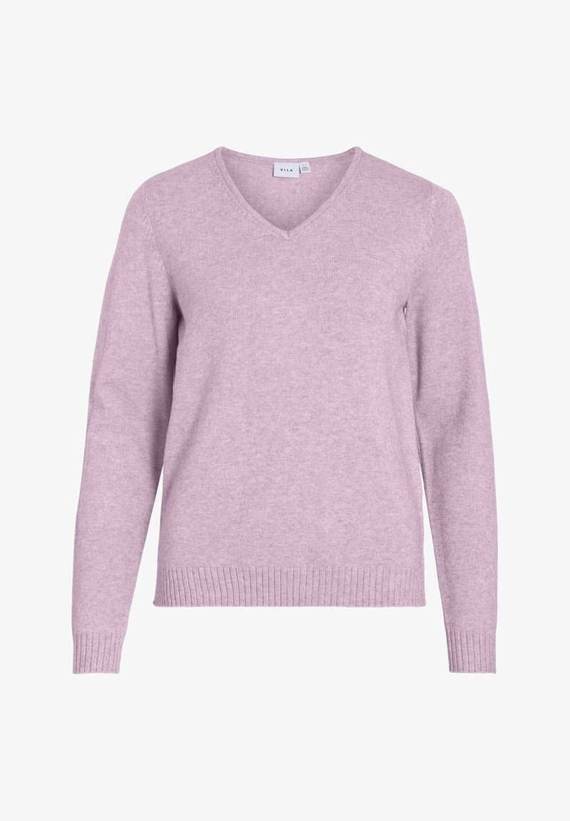 Pull tricoté violet clair avec col en V, manches longues, poignets et ourlet côtelés, présenté sur un fond blanc.