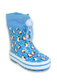 Botte en caoutchouc bleue avec un motif de pingouins et des flocons de neige. Comprend un haut à revers, un système de fermeture avec cordon et une semelle rayée blanche.