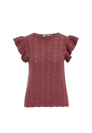 Haut court en maille mauve avec manches à volants et motif en dentelle géométrique sur le tissu.