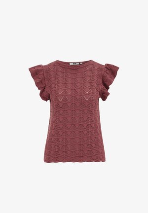 Haut court en maille mauve avec manches à volants et motif en dentelle géométrique sur le tissu.