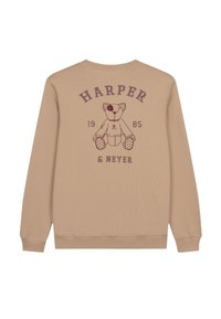 Sudadera beige con un gráfico de un oso de peluche y el texto "HARPER 1985 & NEYER" en burdeos. Manga larga con puños de canalé.