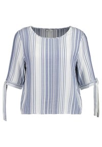 Blusa a maniche corte a righe blu e bianche con scollo rotondo e lacci sulle maniche, realizzata in tessuto leggero e dalla superficie liscia.