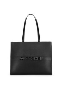 Borsa tote in pelle nera con logo "WITTCHEN" in rilievo, forma rettangolare piatta, doppio manico, texture liscia, design minimalista e senza hardware visibile.