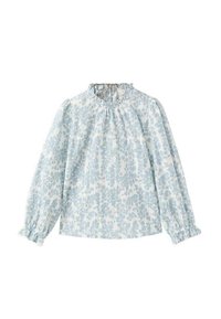 Light blue long-sleeve blouse with a ruffled collar, featuring a floral pattern and elastic cuffs. Made of soft fabric.