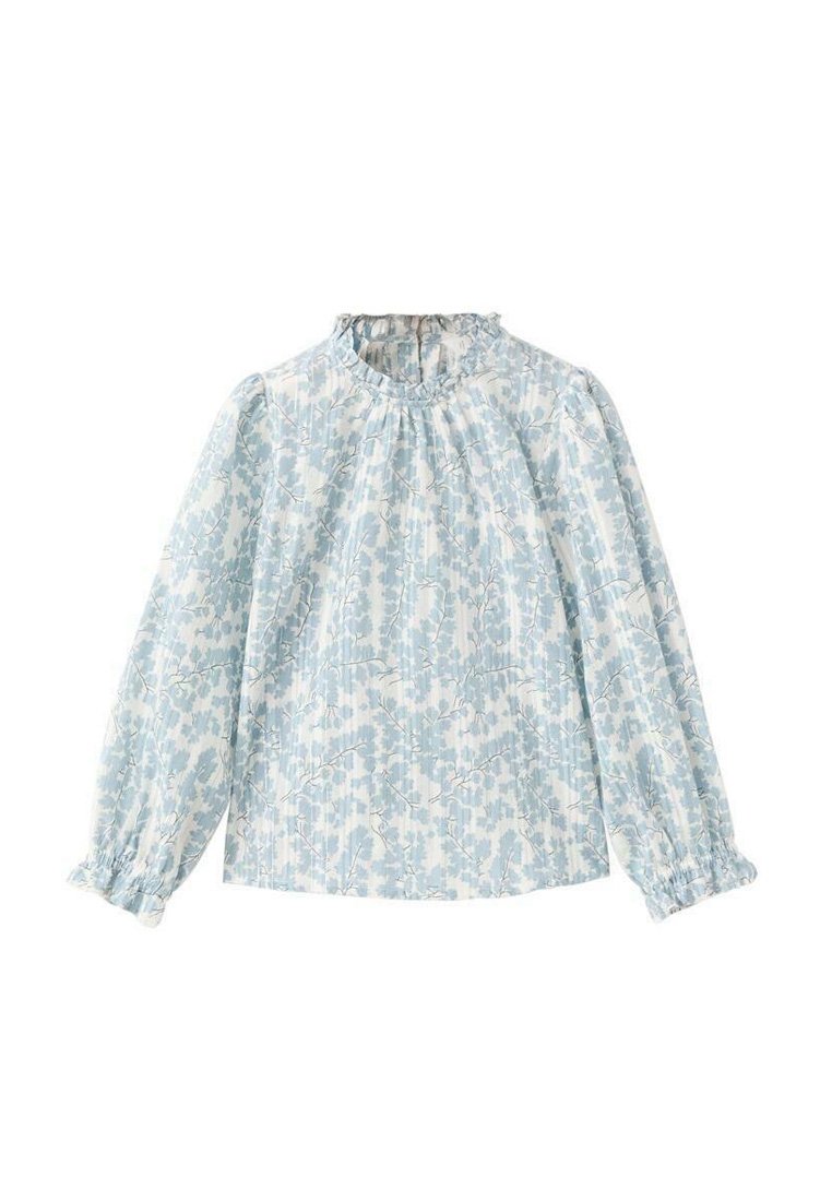 Light blue long-sleeve blouse with a ruffled collar, featuring a floral pattern and elastic cuffs. Made of soft fabric.