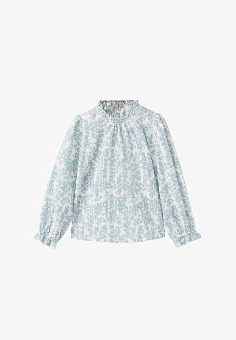 Light blue long-sleeve blouse with a ruffled collar, featuring a floral pattern and elastic cuffs. Made of soft fabric.