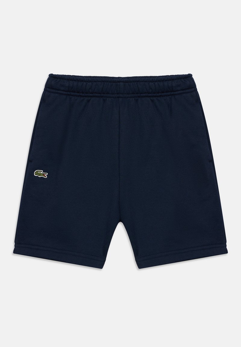 Short bleu marine à taille élastique avec poches latérales et petit logo crocodile vert sur la jambe gauche.
