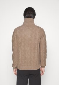 Beiger Strickpullover mit hohem Kragen, versehen mit einem strukturierten Zickzackmuster und gerippten Bündchen, Rückansicht.