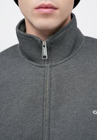 Graue Jacke mit Reißverschluss und hohem Kragen, aus strukturiertem Stoff, mit silbernem Reißverschluss und kleinem Logo auf der linken Seite.