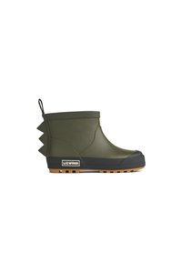 Botte de pluie en caoutchouc verte avec une surface texturée, semelle extérieure noire, semelle intérieure marron clair et accents triangulaires sur le talon.