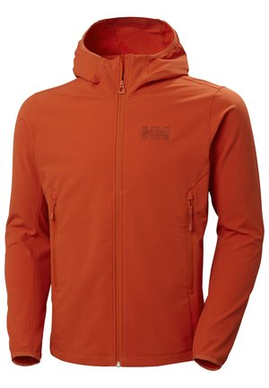 Oranje lichtgewicht jack met een capuchon, voorzien van een ritssluiting aan de voorkant en twee zijzakken. Getextureerde stof met een contrasterend logo.
