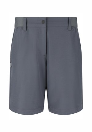 Mørkegrå, knælange afslappede shorts med knaplukning, bæltestropper og detaljer ved sidelommer.